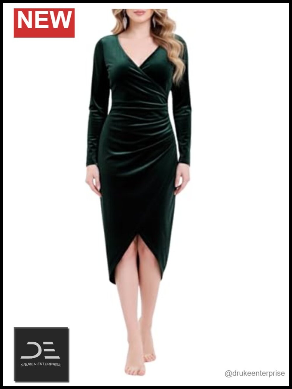 Velvet Wrap V-Neck Long Sleeve Midi Dress